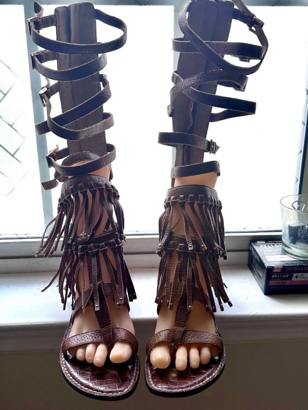 Sam Edelman Gardenia Tall Gladiator Leather Flat Fringed Sandals Brown US 6.5M - Picture 2 of 15